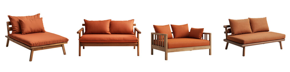 This image showcases a beautifully curated collection of cozy and stylish outdoor furniture pieces  including sofas  chairs  and chaise lounges