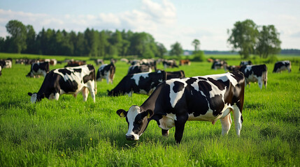 A herd of black and white cows graze in a vibrant green field
