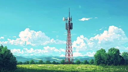 Obraz premium Idyllic Summer Landscape with Communication Tower.