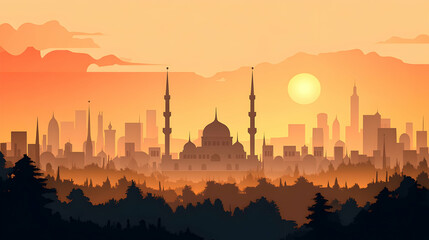 Sunset view of Islamic city skyline