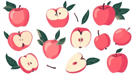 Apple slices, whole fruits with green leaves, on white background for educative print