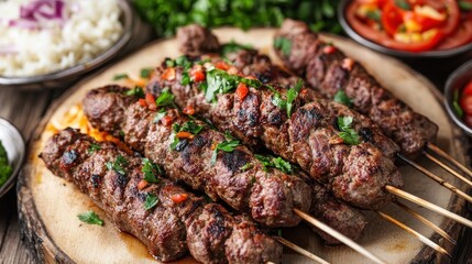 Grilled Kebabs with Fresh Herbs and Vegetables on Wooden Board