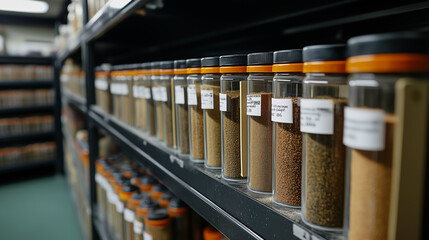 Spice collection displayed on shelves in a food research facility showcasing various spices in clear containers