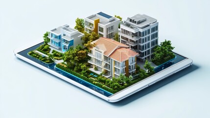 Modern Residential Buildings Digital Model on Tablet Screen Green Landscaping Luxury Apartments Architectural Visualization Property Development Real 