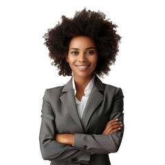 Business woman portrait isolated on white transparent background, Afro businesswoman in suit, crossed arms, PNG.
