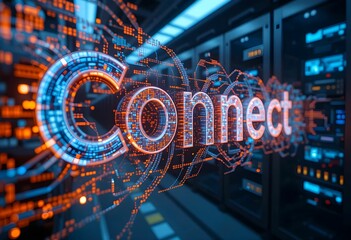 connect word in digital network over server room background