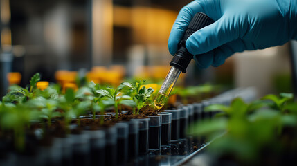 Researcher applies nutrient solution to seedlings in a controlled laboratory environment for plant growth experimentation