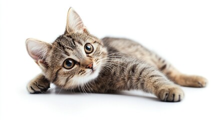 Fototapeta premium Playful kitten standing on hind legs and waving paw, white background.