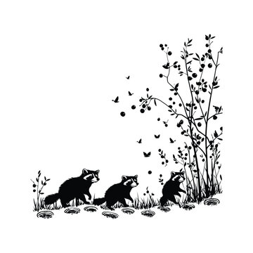 black raccoons walking in nature clip art preview