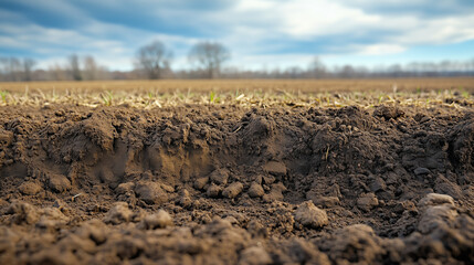 Soil preparation for spring planting in a rural field under a cloudy sky