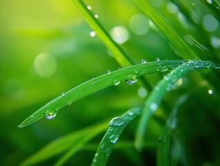 Naklejka premium Dew drops on vibrant green grass blades. (2)