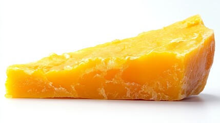 A thick slice of mango, bright yellow-orange pulp with soft edges, isolated on white 