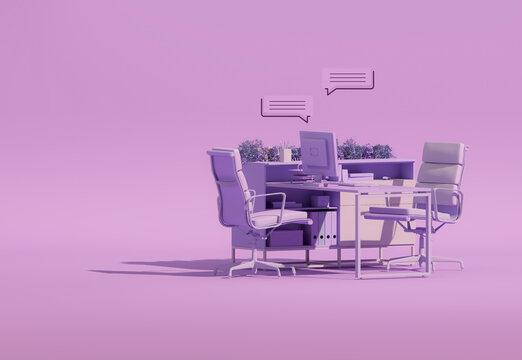 Minimal Office Desk with bubble talk in Pastel purple pink Trend color 2025. Stylish Workplace, Teamwork. Mockup Template, 3D Rendering.