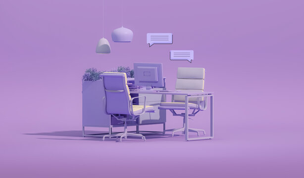 Minimal Office Desk with bubble talk in Pastel purple pink Trend color 2025. Stylish Workplace, Teamwork. Mockup Template, 3D Rendering.