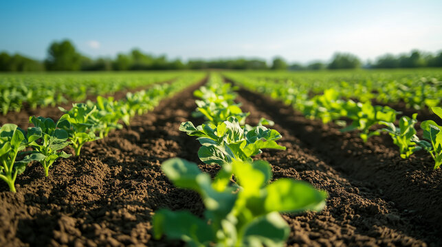Green seedlings thrive in rows on a sunny day in an expansive farm surrounded by trees and open sky