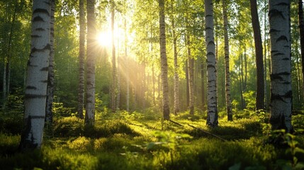 Birch forest background sunlight outdoors scenery.