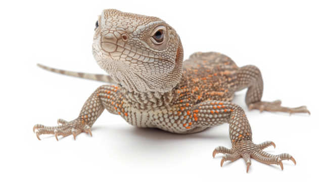 Close-up of a lizard on a white surface with a blurred background highlighting its features
