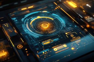 Obraz premium A futuristic digital interface shown on a tablet screen with cloud computing services.