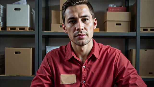 Exhausted young male retail employee in red uniform shirt, sitting in stockroom with boxes
