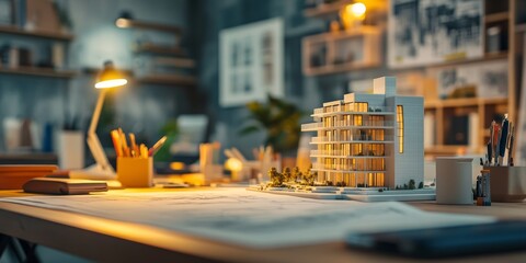Fototapeta premium Architectural model of a modern residential building illuminating an architect's desk