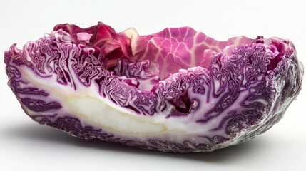 Obraz premium A crisp slice of red cabbage, intricate purple and white textures, isolated on white 