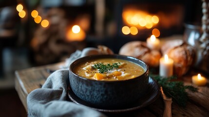 Warm Autumnal Creamy Pumpkin Soup Bowl Cozy Home Fireplace Candles Rustic Wooden Table Delicious Fall Food Comforting Dinner Recipe Seasonal Food     