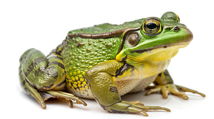 Close-up of a vibrant green frog resting on a surface, showcasing its intricate details