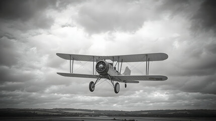 Vintage biplane in flight over countryside