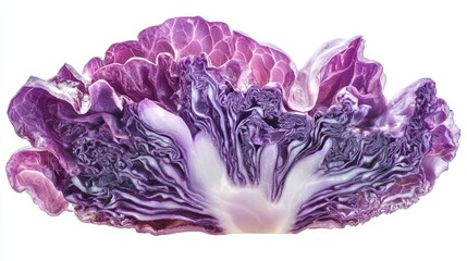 Obraz premium A crisp slice of red cabbage, intricate purple and white textures, isolated on white 