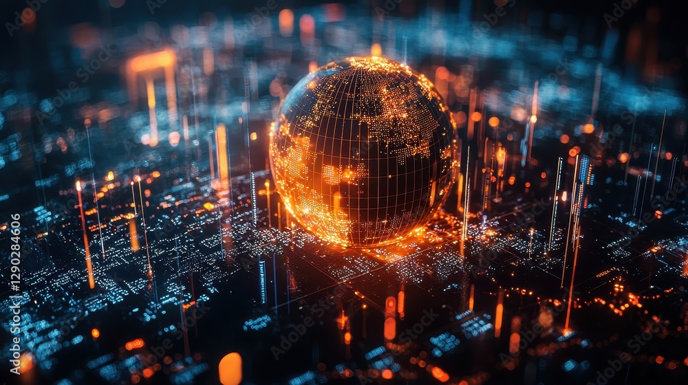 Poster futuristic aerial view interactive data visualization in global digital transformation