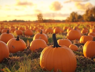 A pumpkin patch in the golden hour with vivid orange pumpkins scattered across the field