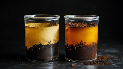 Layers of coffee and water create a striking visual contrast in clear containers on a dark surface showcasing brewing techniques