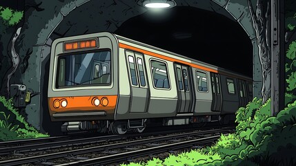 Obraz premium Suburban Train Emerging from Tunnel at Night.