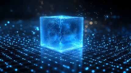 Blue glowing cube surrounded by a particle grid