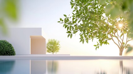 Obraz premium A young couple relaxing on a sun drenched patio of their modern home, enjoying the tranquility of their minimalist outdoor space with a swimming pool and landscaped garden.