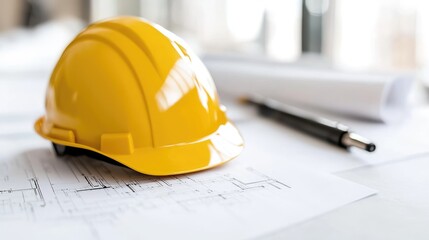 Yellow hardhat on blueprints, planning, office, work