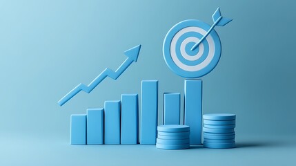 Dart Hitting Target on Ascending Blue Bars, A red dart hits the center of a target on top of ascending blue bars, symbolizing success and growth