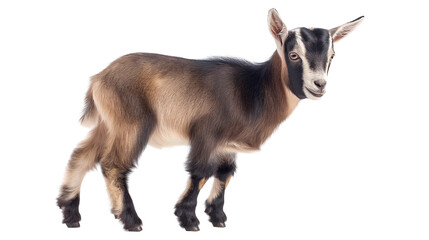 Fototapeta premium Young goat standing on a white background, showcasing its playful nature and features