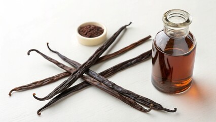 Fototapeta premium Vanilla pods and vanilla extract with Flower in White Background