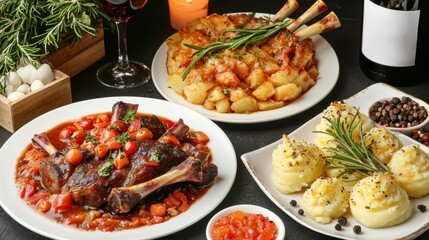 Lamb shanks braised traditional concept. A beautifully arranged table features savory lamb chops, roasted potatoes, and creamy mashed potatoes, complemented by herbs and garnishes.