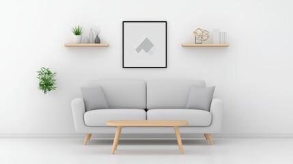 A living room with white walls, a light gray sofa, a wooden coffee table, and black and white art prints, reflecting a minimalist Scandinavian aesthetic.