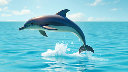 Fototapeta premium Playful Dolphins Jumping in Blue Ocean: Marine Life Adventure and Exploration