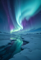 Fototapeta premium Northern Lights Display Over Icy Landscape Reflecting on Frozen Waters