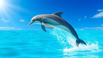 Obraz premium Playful Dolphin Jumping in the Ocean: A Scenic Summer Day Adventure with Marine Wildlife and Sea Creatures