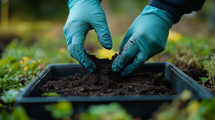 Fototapeta premium Hands wearing blue gloves prepare soil in a black planting tray, demonstrating nurturing and gardening skills during a sunny day in a lush garden environment