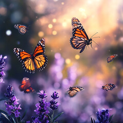Obraz premium Colorful butterflies fluttering over blooming lavender flowers in a garden setting. Generative AI