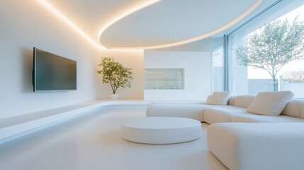 Fototapeta premium A family friendly living room with a large sofa, a coffee table with rounded edges, and a TV mounted on the wall, creating a safe and comfortable space for everyone.