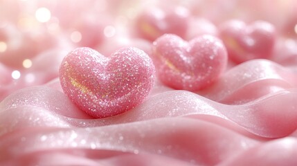 Fototapeta premium Pink hearts on satin ribbon, bokeh background. Romantic