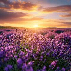 Obraz premium Lavender field under a vibrant sunset in a serene landscape. Generative AI