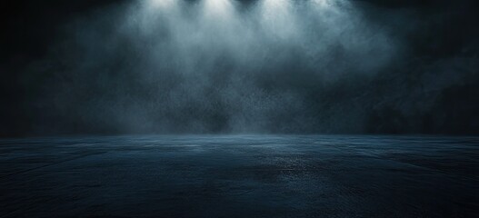 Cinematic foggy background with concrete surface and focused spotlight, ideal for tech product reveals, electronic press kits, and mystery-themed digital advertising.